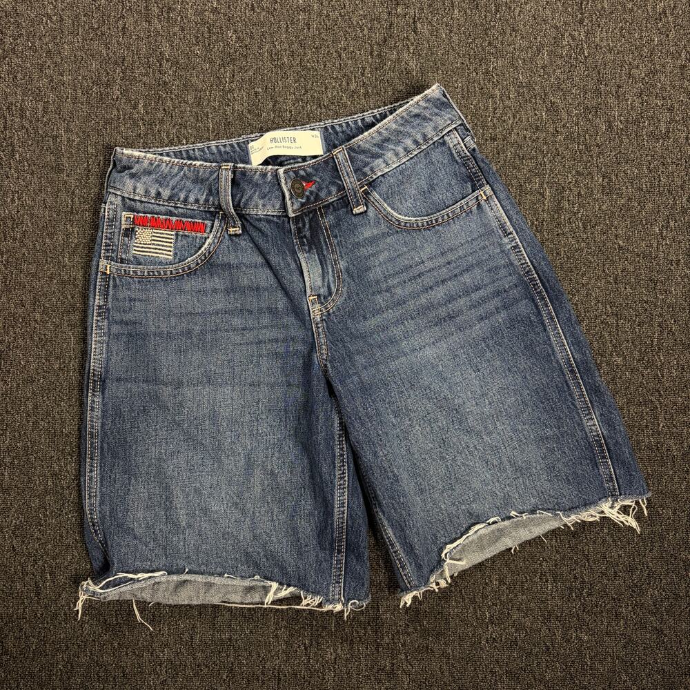 Vintage Y2k Hollister Low Rise Medium Wash Baggy Jean Flag Stitch Jort Shorts 24